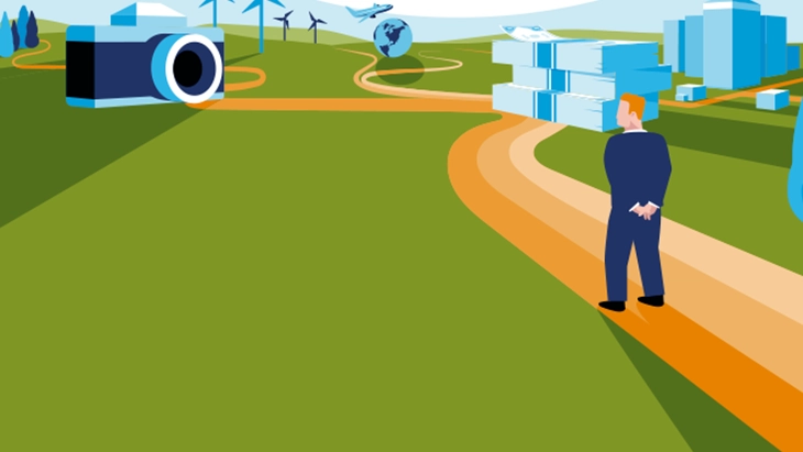 Graphic of man on winding path towards mountains that passes buildings, a camera, a globe, wind turbines and an airplane 